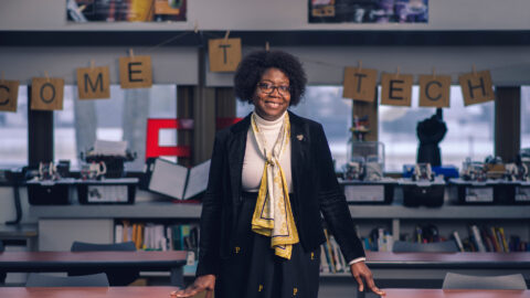 Sharita Ware, Indiana’s 2022 choice for Teacher of the Year, poses in her classroom at East Tipp Middle School. (Purdue University photo/Rebecca McElhoe)