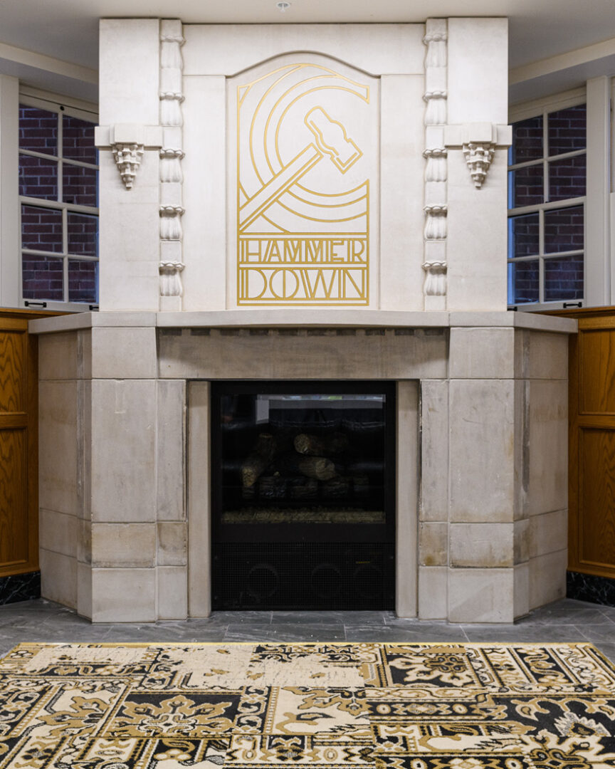 Restored fireplace in PMU fireplace lounge