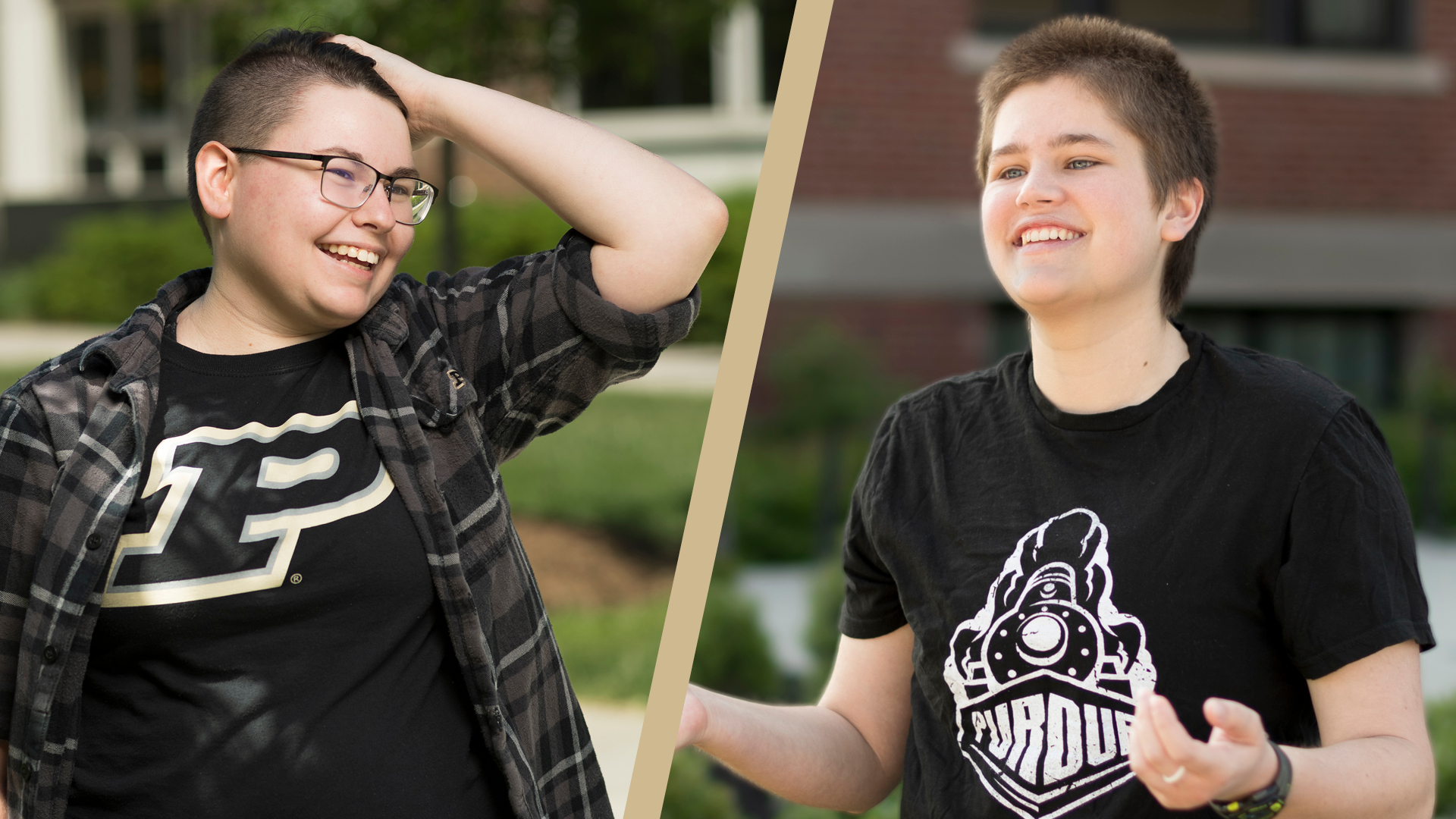 Elise Doan and Audrey Williamson are shown side-by-side, divided by a diagonal line. Both are shown smiling and looking off-camera.