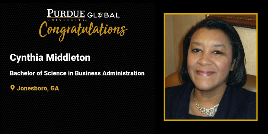 Cynthia Walker Middleton’s personalized slide shown during Purdue University Global’s winter commencement in December 2021.