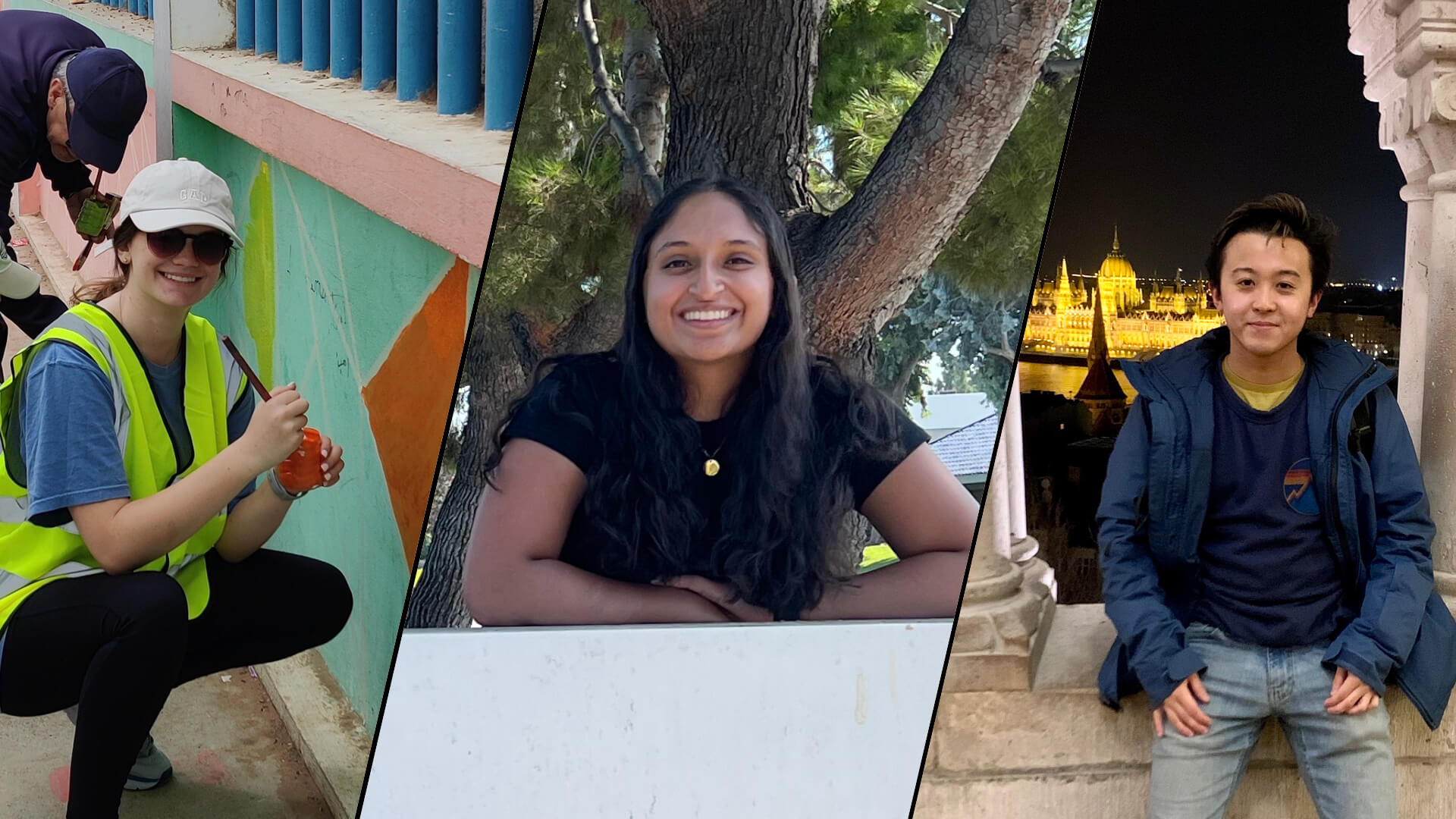 Alexia Robinette paints a mural, Pooja Anil poses at Rivian, Nick Mori rests against stone arch structure with the Budapest skyline in the background.