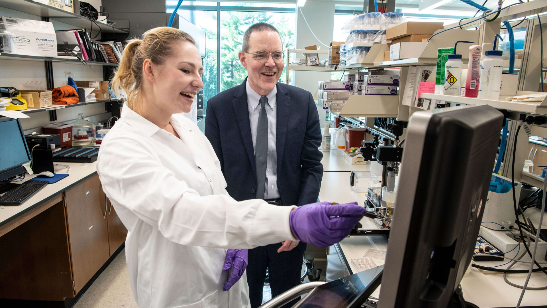 A student reveals the results of her research to George Wodicka in a lab at Martin C. Jischke Hall of Biomedical Engineering.