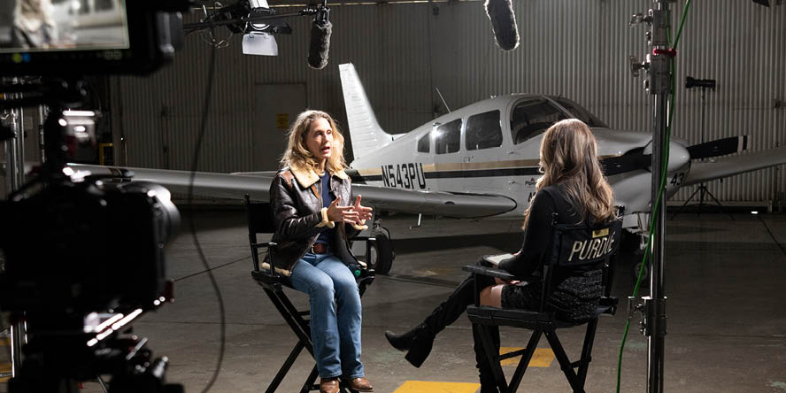 Podcast host Kate Young with 9/11 fighter pilot and Purdue alumna Heather Penney. (Purdue University photo/John Underwood)