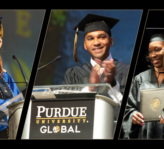 Purdue Global graduates Kelvin Gumbs and Sherry McQueary and Purdue Global deans Melissa Burdi and Jeffery Buck