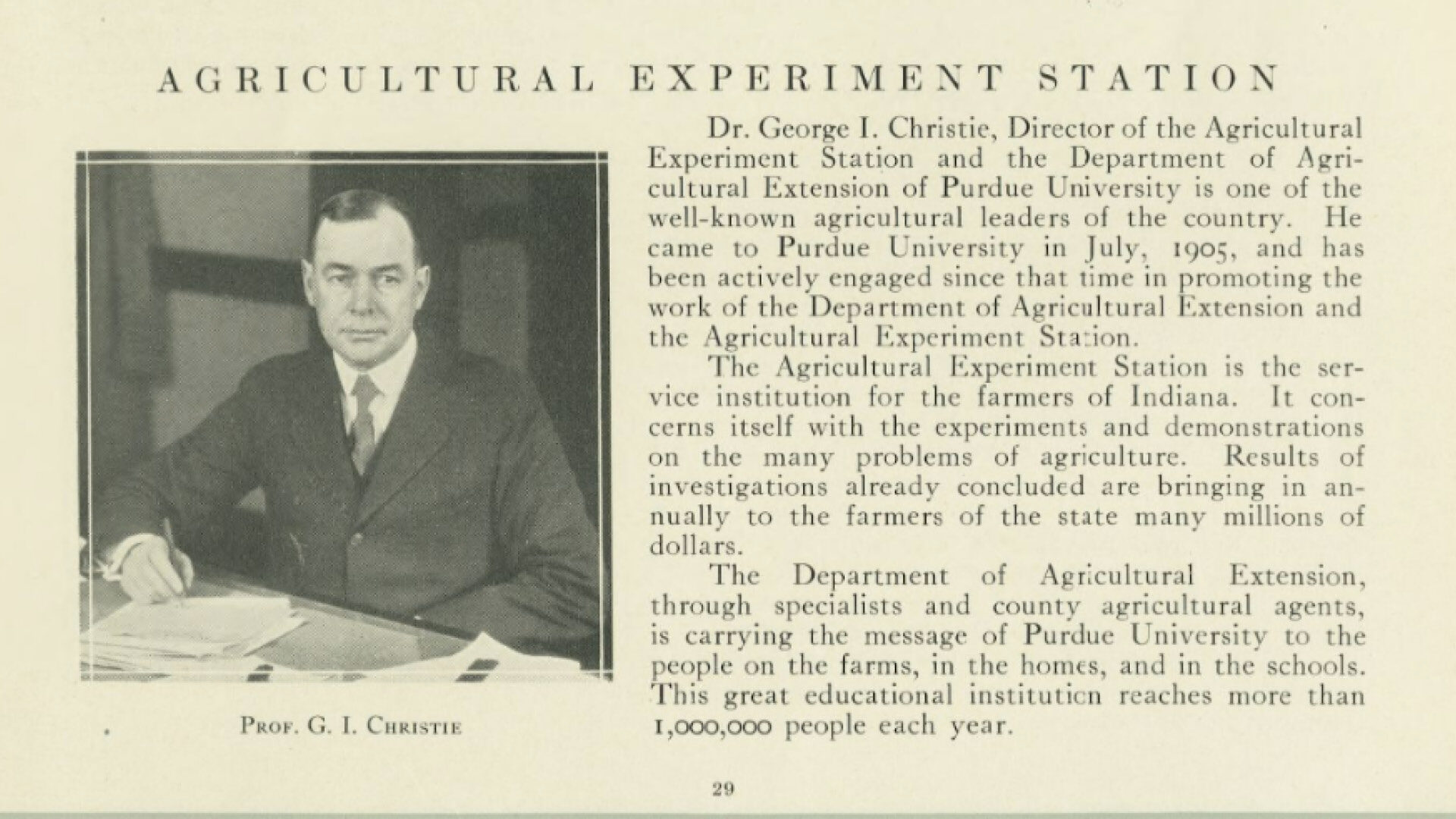 George Christie’s work with the Agricultural Experiment Station explained in Purdue’s 1928 Debris yearbook.
