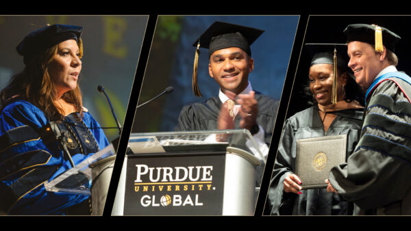 Purdue Global graduates Kelvin Gumbs and Sherry McQueary and Purdue Global deans Melissa Burdi and Jeffery Buck