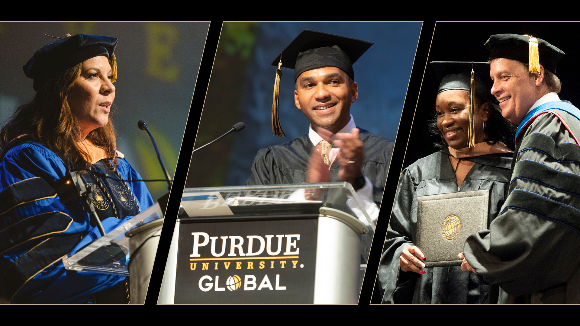 Purdue Global graduates Kelvin Gumbs and Sherry McQueary and Purdue Global deans Melissa Burdi and Jeffery Buck