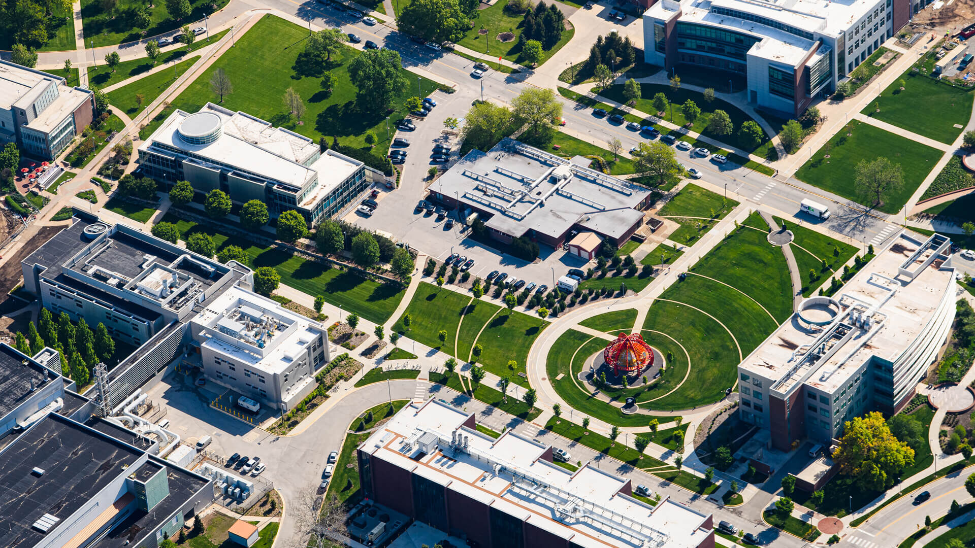 An aerial view of Purdue University’s Discovery Park.