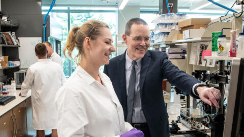 George Wodicka, right, led Purdue’s biomedical engineering program for 23 years before stepping down in 2021.