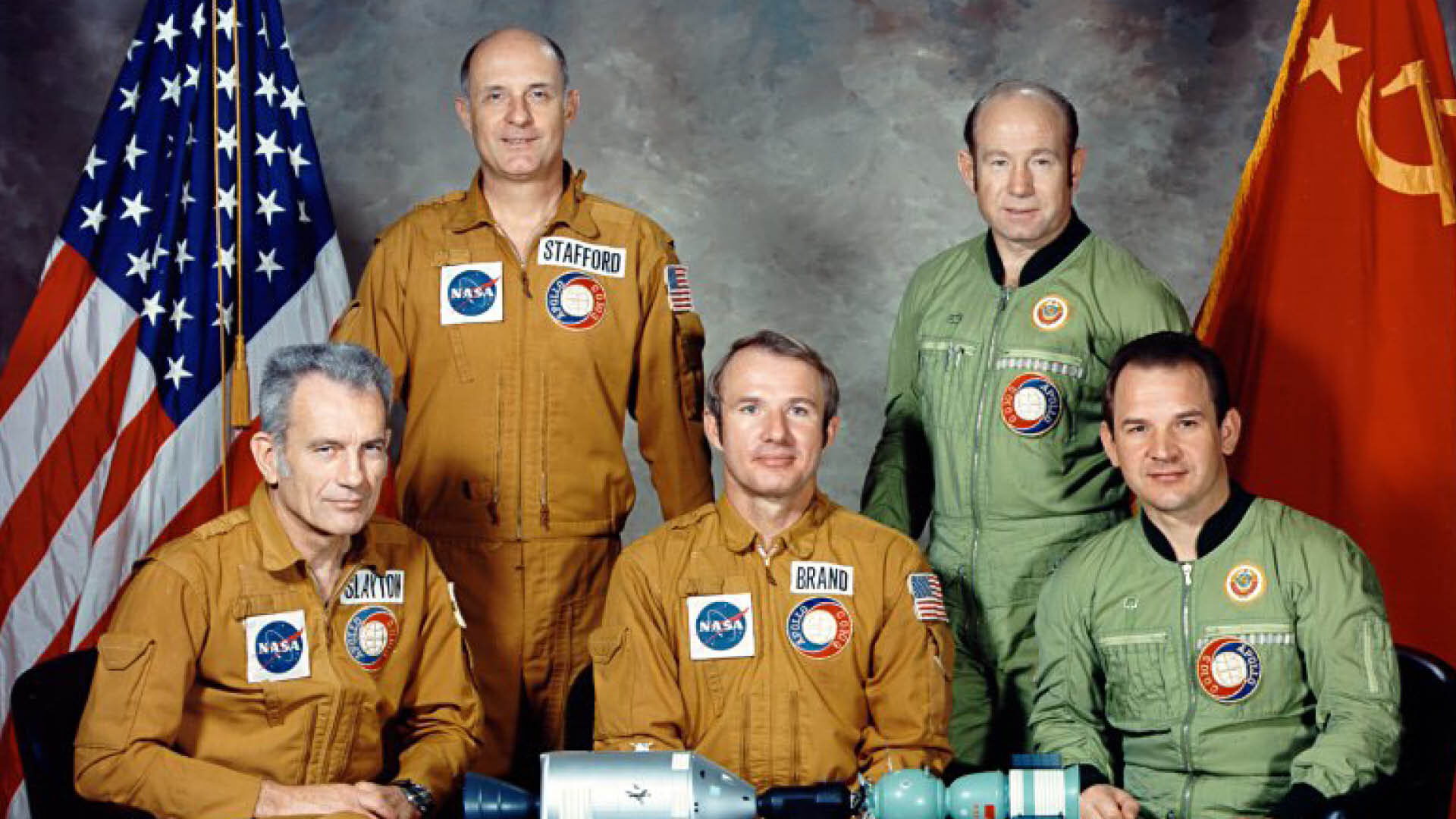 The American and Soviet crews of the Apollo-Soyuz Test Project.