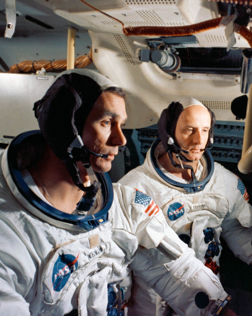 Astronauts Eugene Cernan and Thomas Stafford participate in a simulation activity prior to Apollo 10.