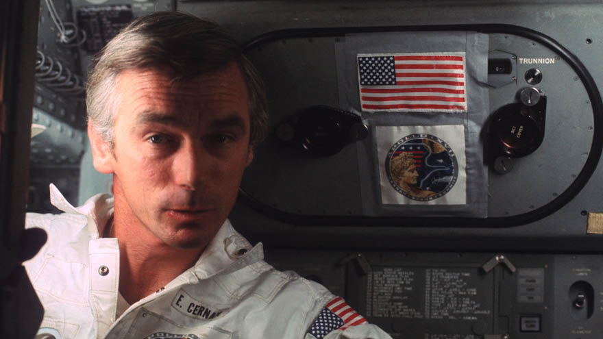 Portrait of astronaut Eugene Cernan aboard Apollo 17.