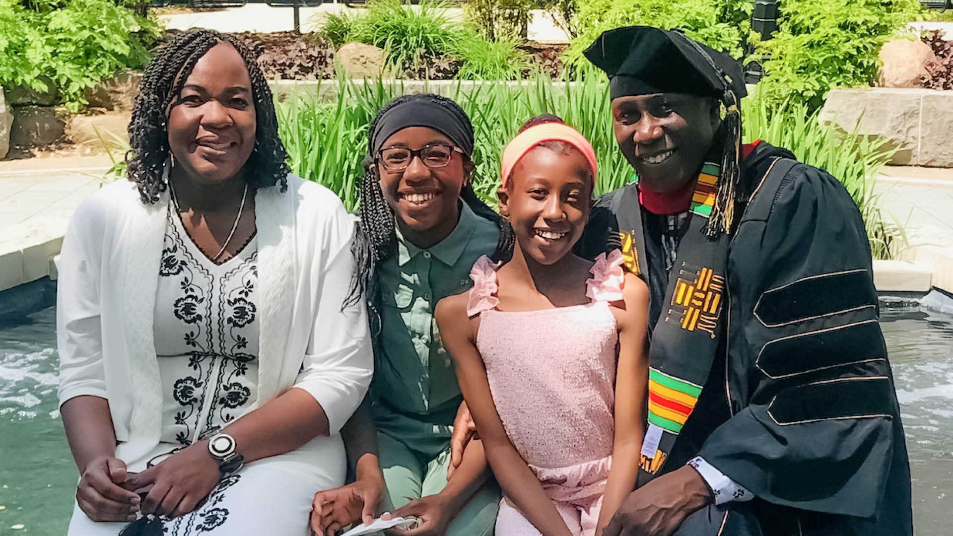 Nixon Opondo and his family at the Purdue commencement ceremony.