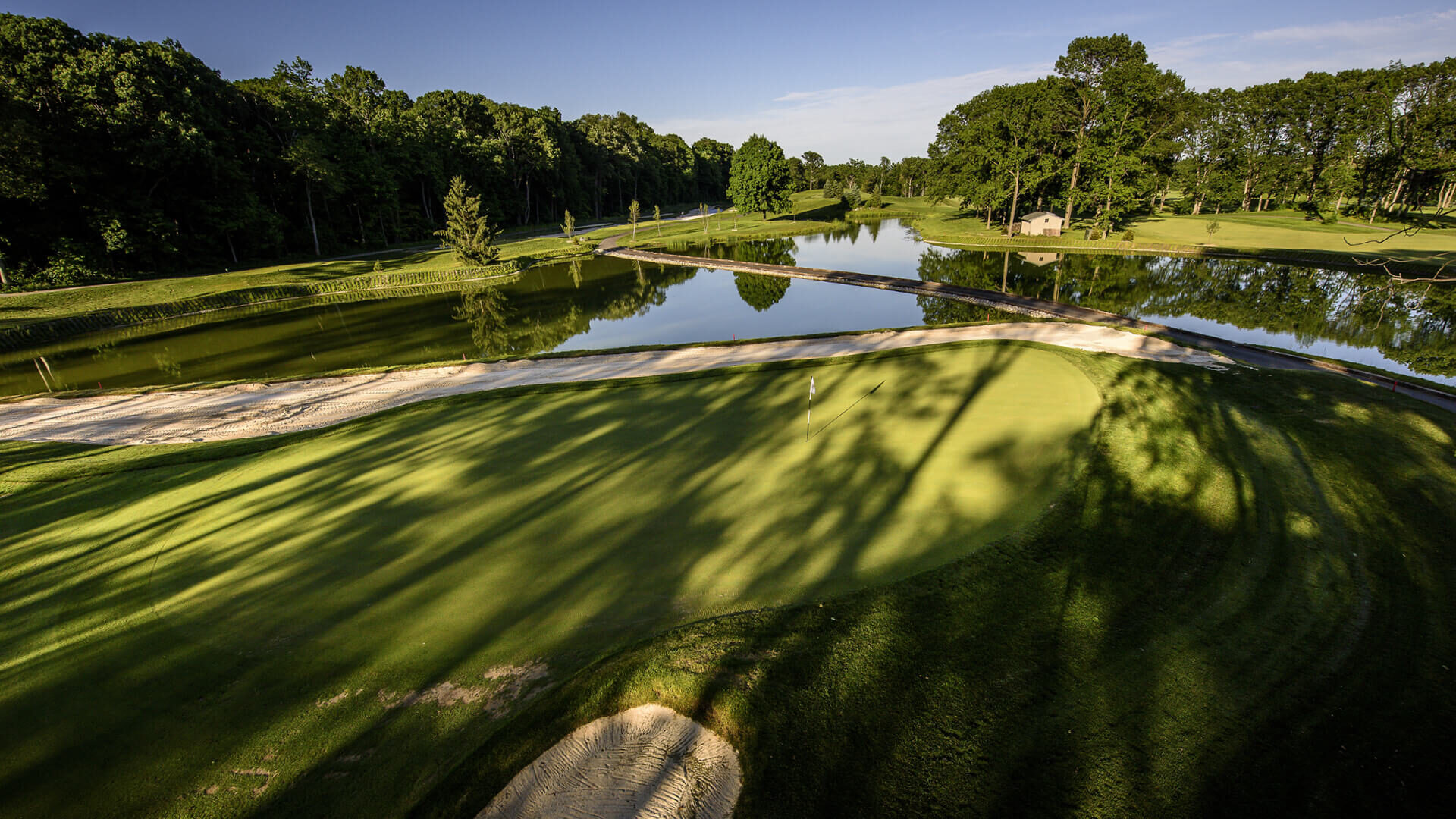 An aerial view of the 16th green at Ackerman-Allen.