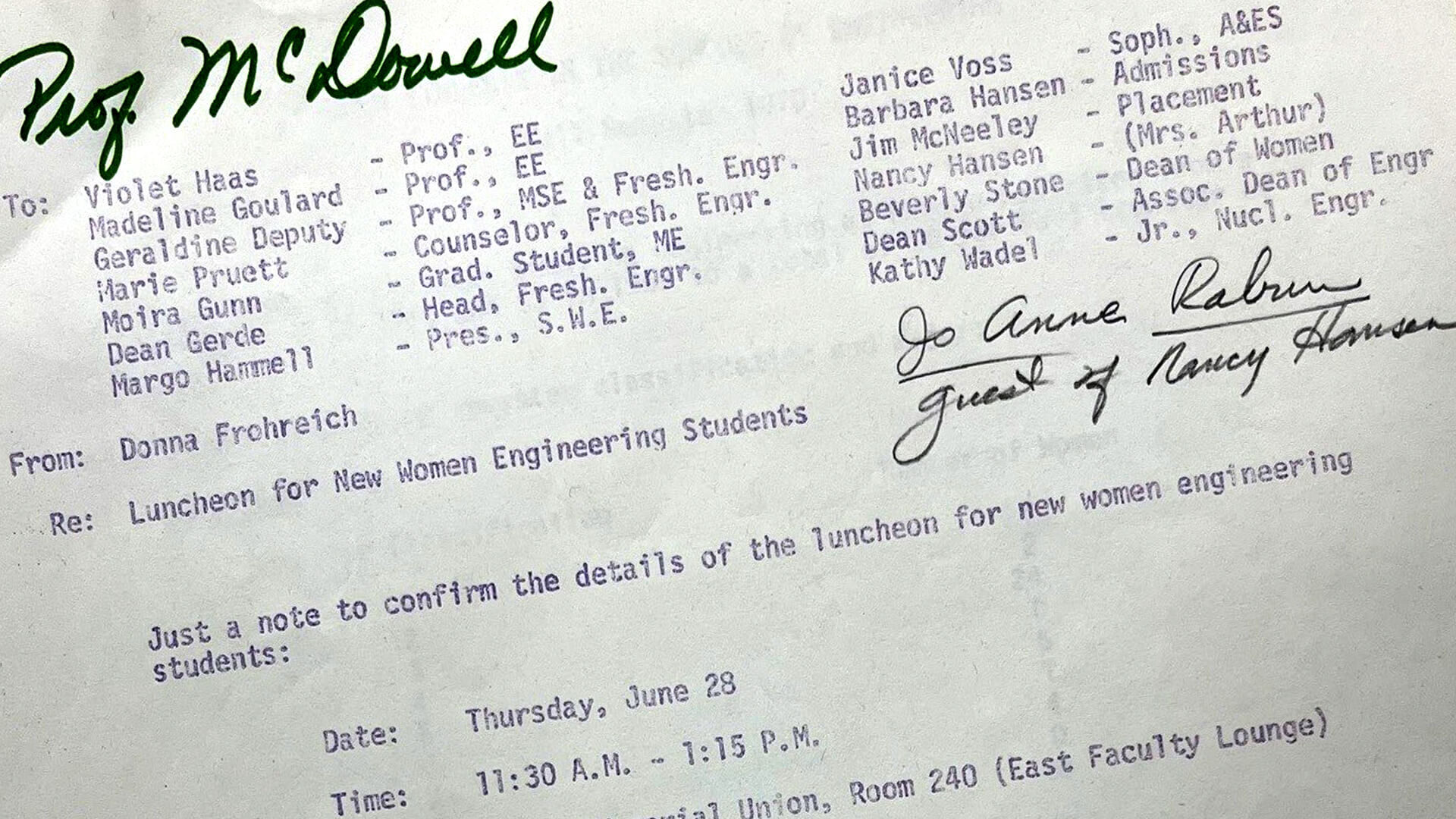 A 1970 memo from Donna Frohreich McKenzie, founding director of Purdue’s Women in Engineering Program