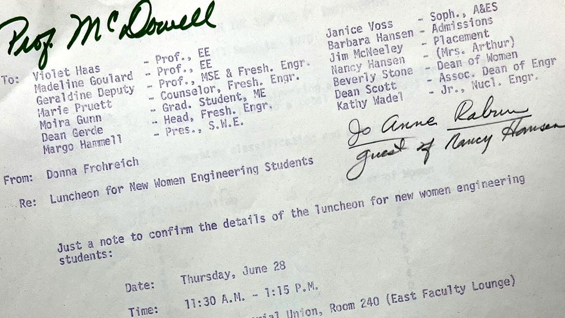 A 1973 memo from Donna Frohreich McKenzie, founding director of Purdue’s Women in Engineering Program