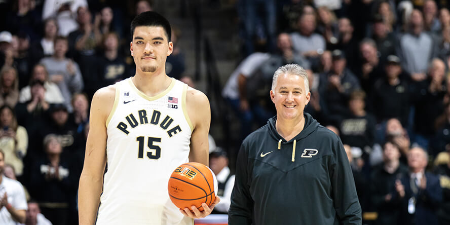 Purdue center Zach Edey and coach Matt Painter