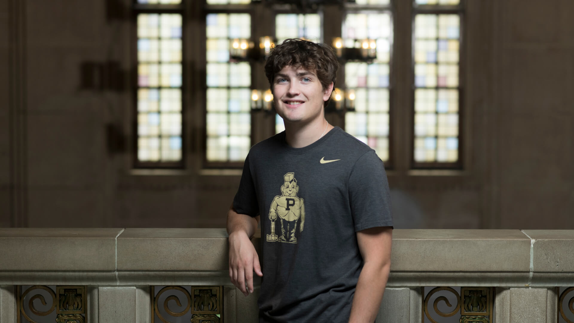 Andrew Kinder, sophomore at Purdue, standing in Purdue Memorial Union.