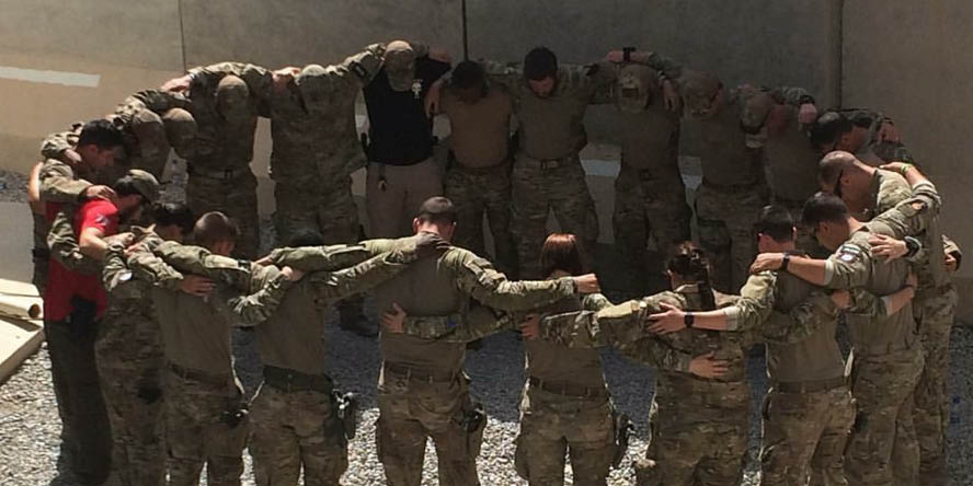 Kandahar Airfield, Kandahar, Afghanistan, 2017. Pre-mission departure prayer of Scott’s Air Force OSI task force supporting antiterrorism/force protection. In December 2016, prior to Scott’s arrival in Afghanistan, members of an Air Force OSI team died in a terrorist attack during a similar mission.