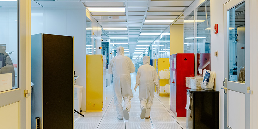 Researchers walk through the Scifres Nanofabrication Laboratory at Purdue’s Birck Nanotechnology Center