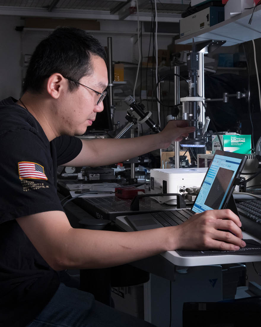 Liyuan Tan works inside the Birck Nanotechnology Center on Purdue’s West Lafayette campus.
