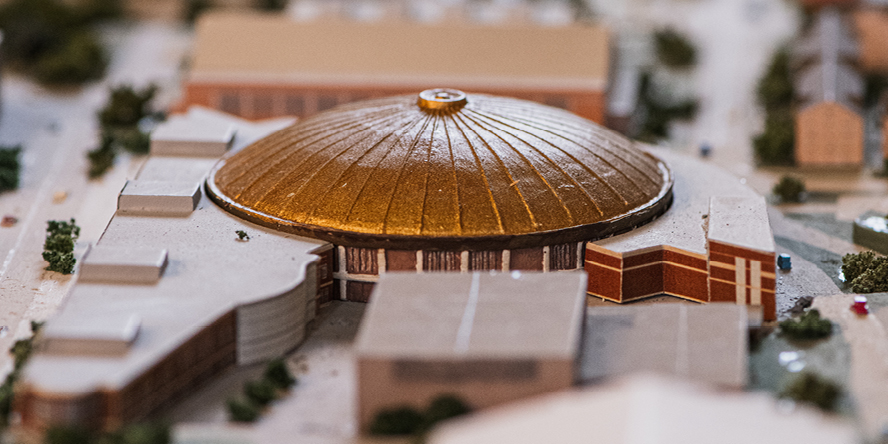 A miniature replica of Mackey Arena