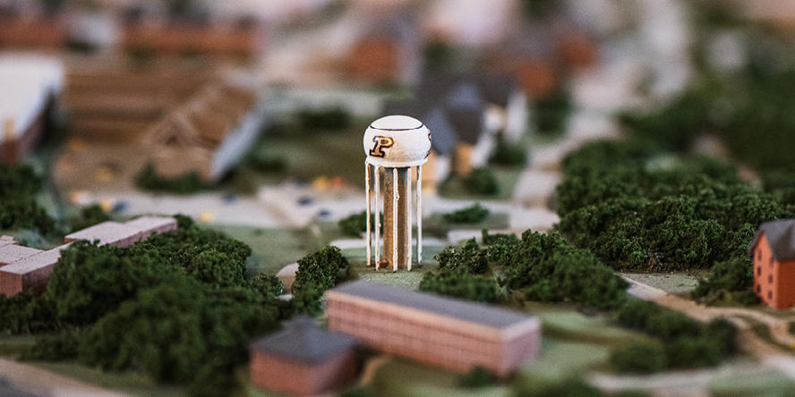 A miniature replica of the Purdue water tower