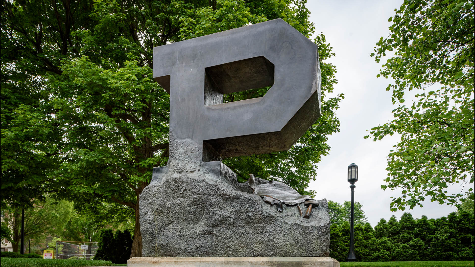 The Unfinished Block P is a bronze sculpture outside the Stewart Center on Purdue’s campus.