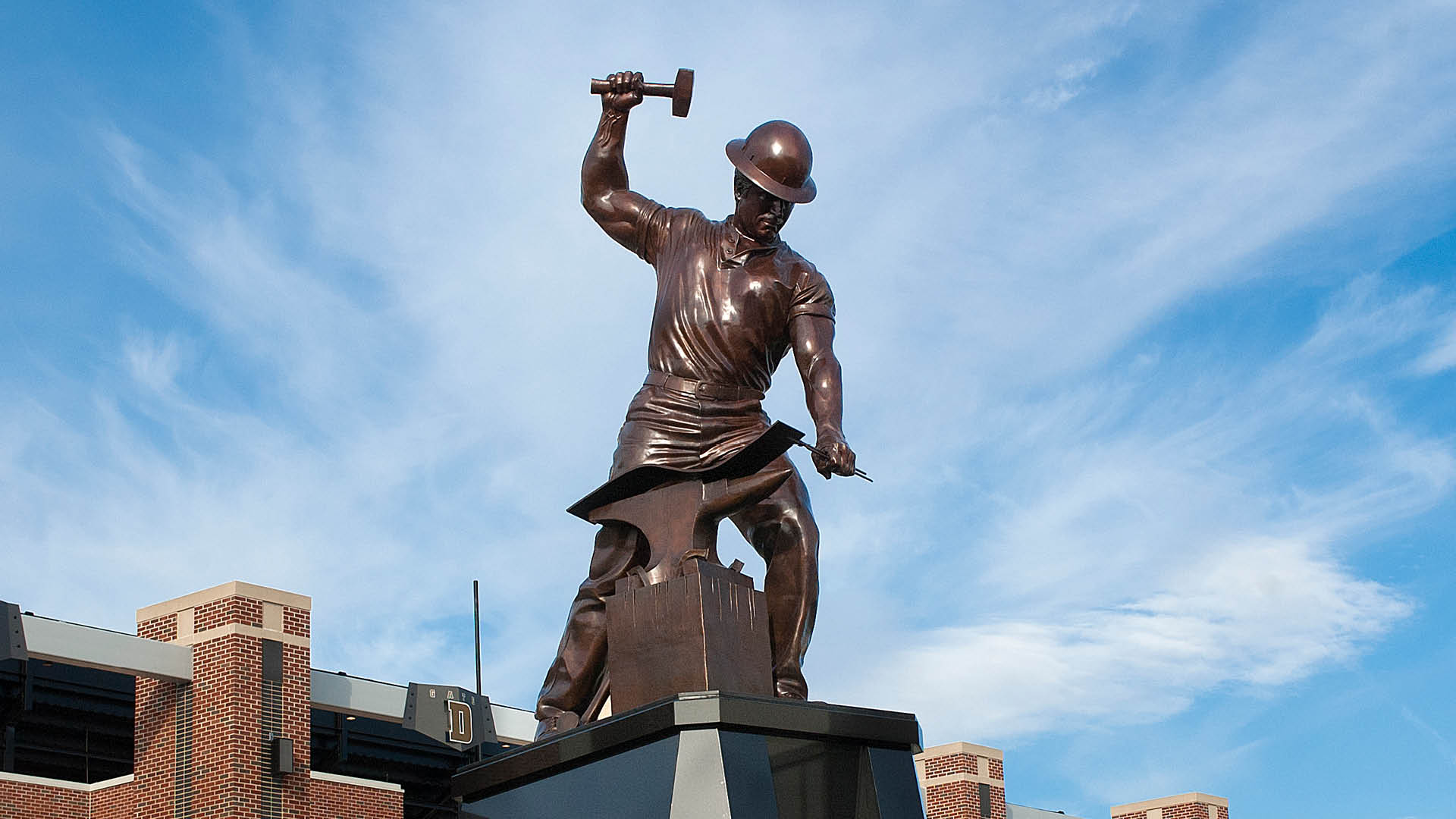 The Boilermaker statue outside Ross-Ade Stadium in West Lafayette, Indiana.