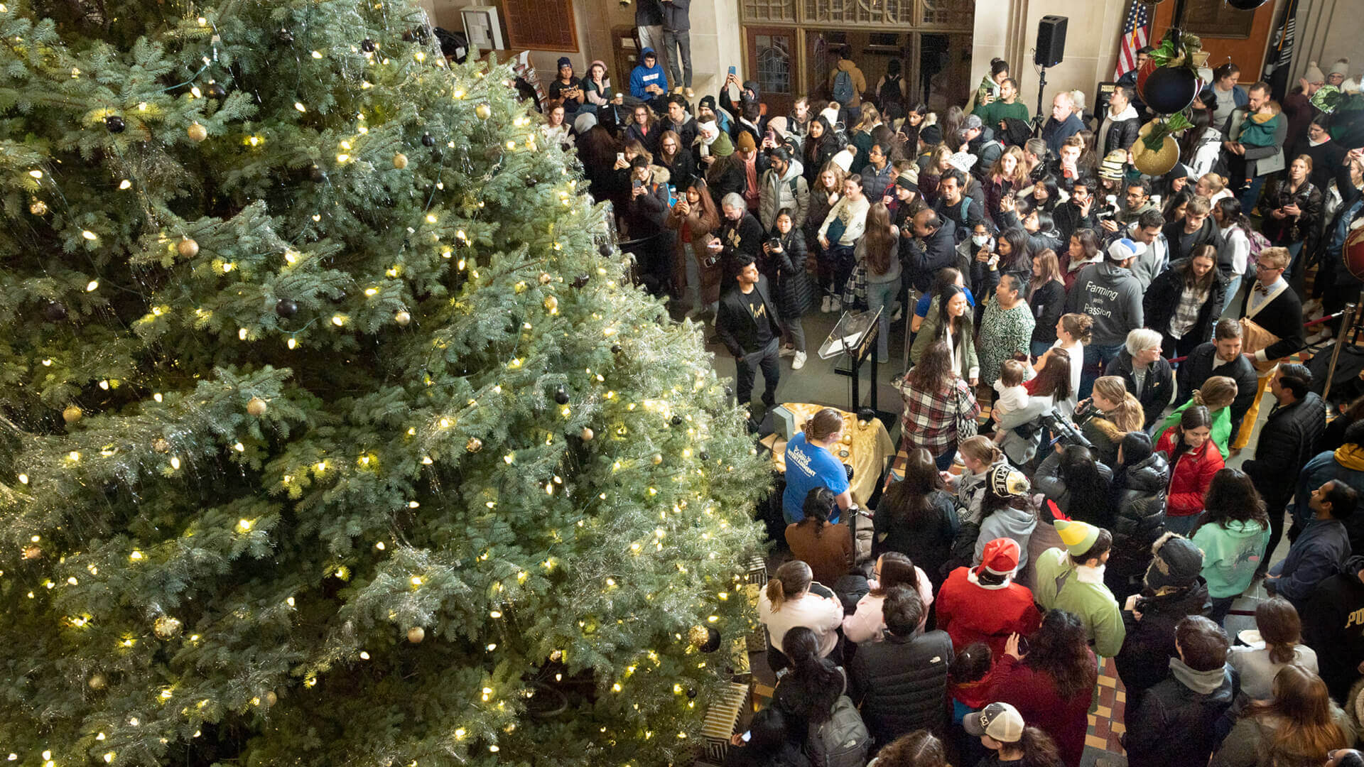 The Purdue Memorial Union’s Christmas tree-lighting ceremony is one of the highlights of the university’s annual holiday tradition. (Purdue University photo/John Underwood)
