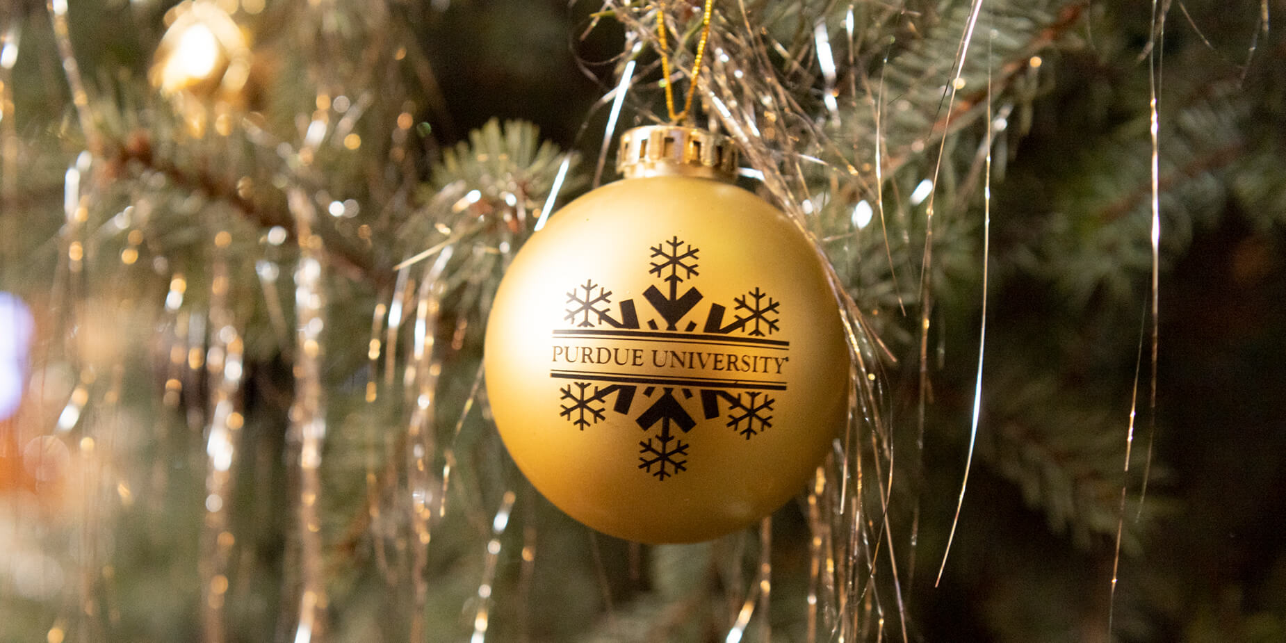 A Purdue University ornament hangs from the PMU Christmas tree