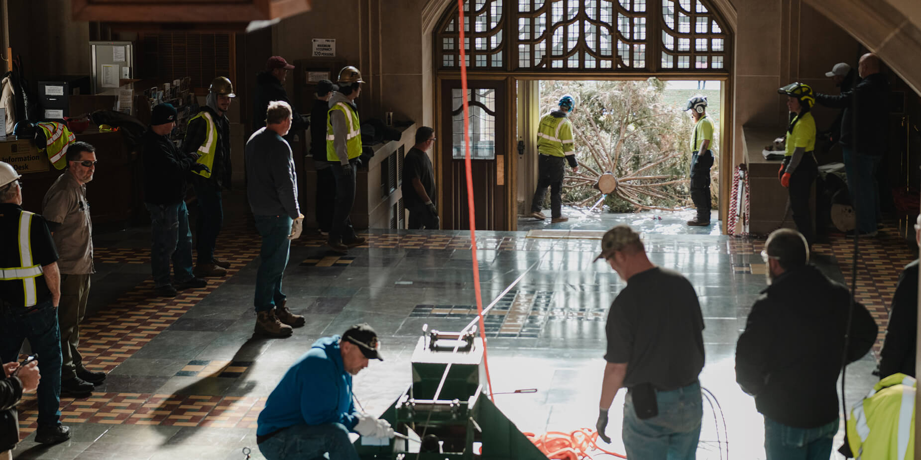 PMU workers use a machine to maneuver the Christmas tree into the Great Hall