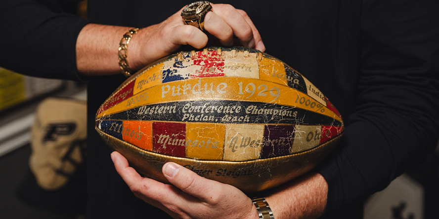 Painted football given to Purdue All-American Elmer “Red” Sleight for outstanding effort during the 1929 season