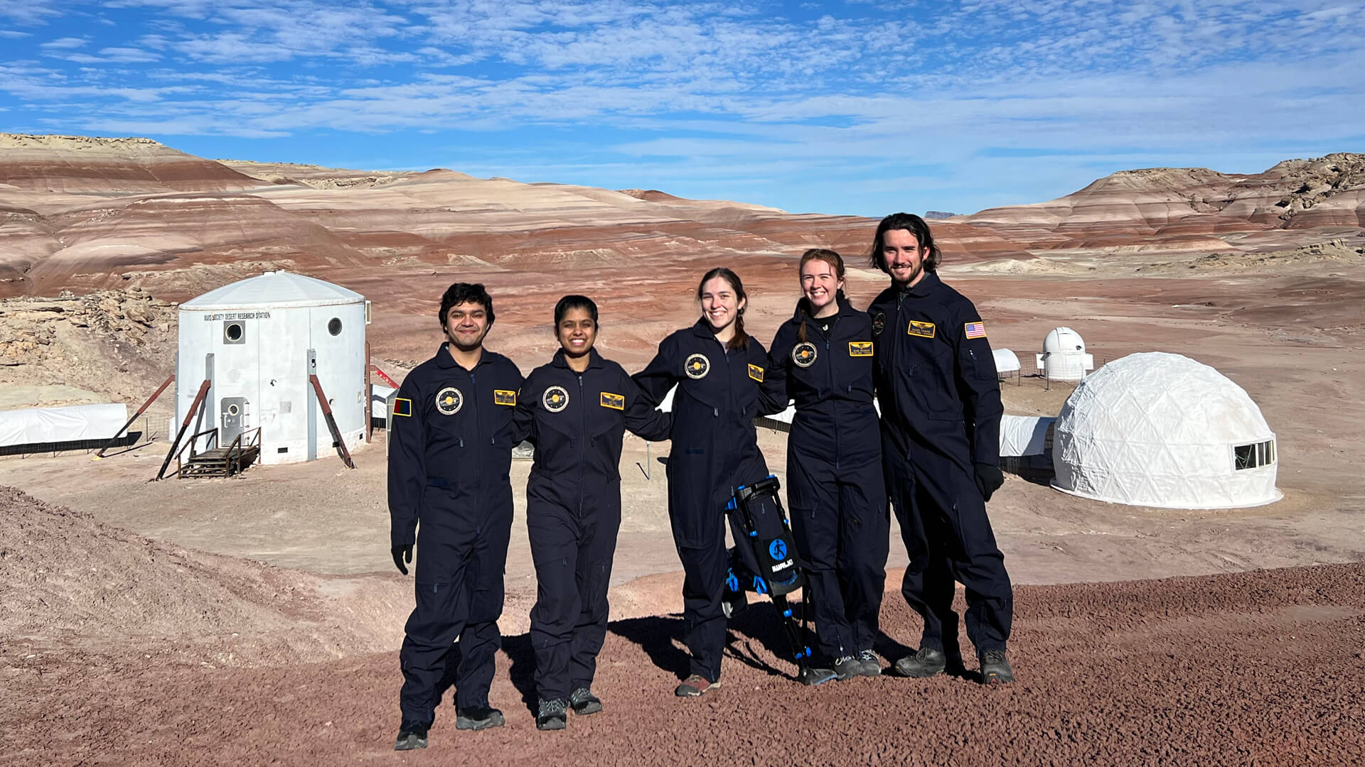 Members of Crew 288 at the Mars Desert Research Station in Hanksville, Utah: Jesus Meza Galvin, Lipi Roy, Riley McGlasson, Jilian Welshoff and Hunter Vannier. Not pictured: Cesare Guariniello and Ryan DeAngelis