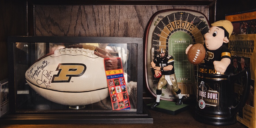 Eric Jakubiak’s 2001 Rose Bowl ticket and other Purdue mementoes.