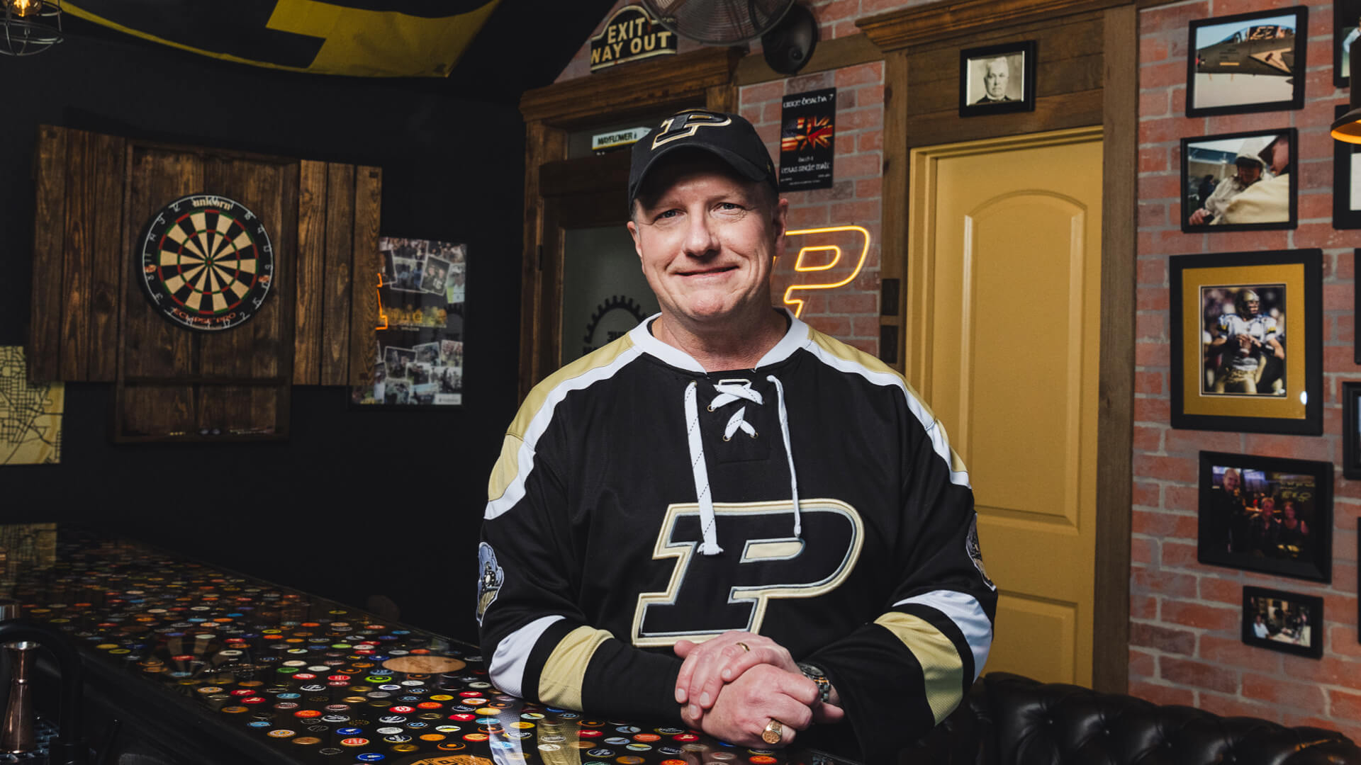 Rob Stanley in the Purdue-themed fan cave in his Texas home