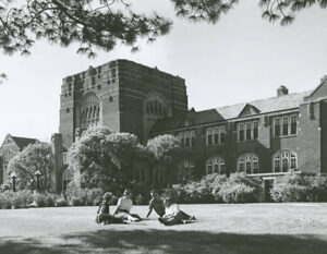 Students on the lawn in front of the PMU.