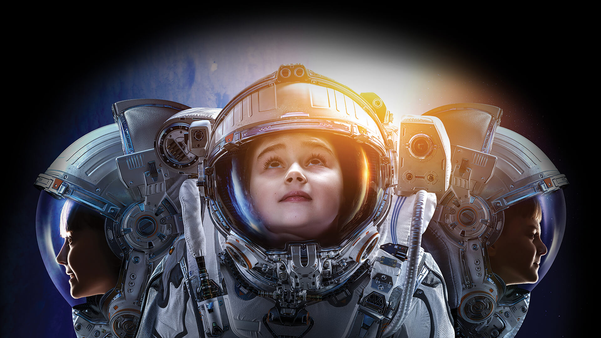 A photo illustration of children wearing astronaut uniforms