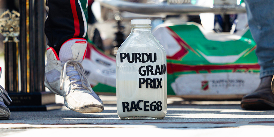 A milk bottle used in the Kappa Sigma team’s postrace celebration reads “Purdue Grand Prix Race 68”