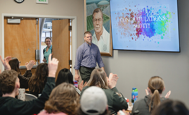 Scott Lawrance at the front of his classroom.