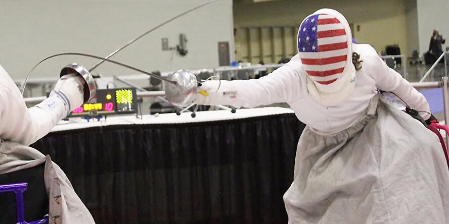 DeLuca’s epee visibly bends at the end as she is seen scoring on an opponent.