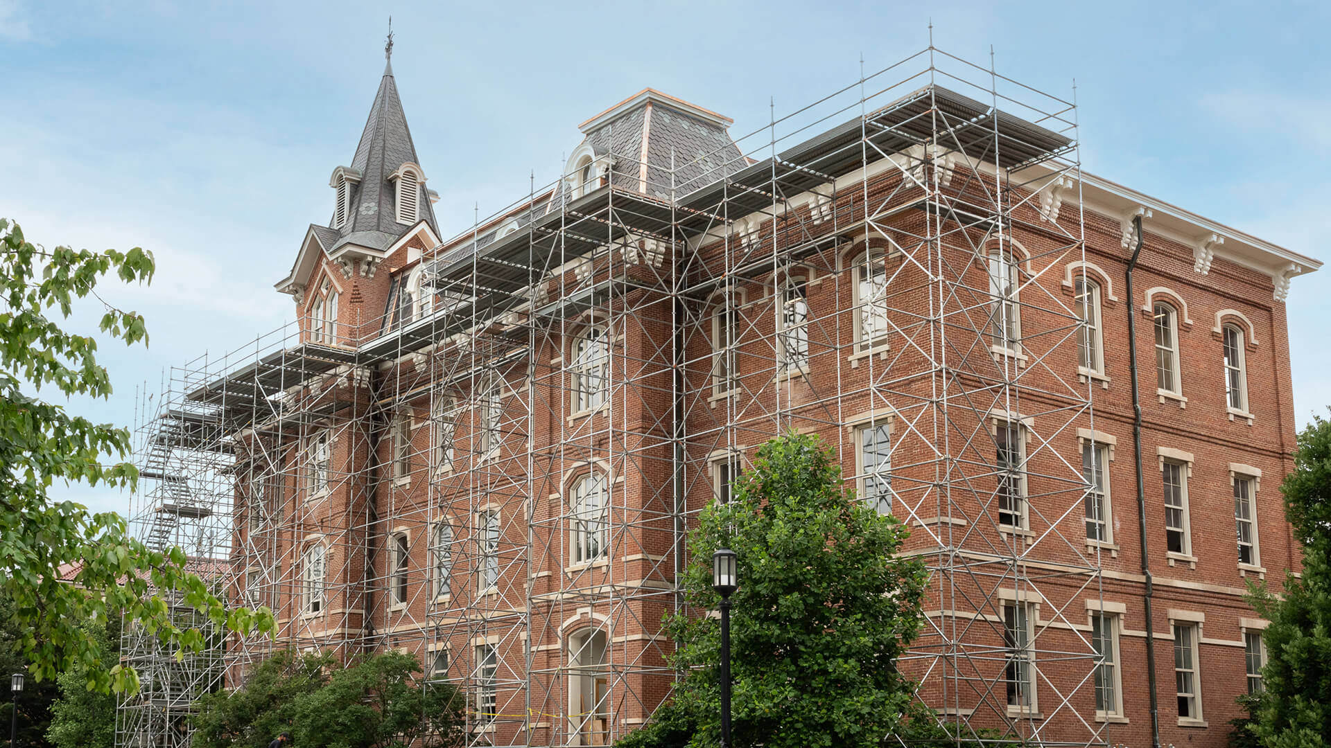 Scaffolding covers Purdue’s University Hall while renovations are being completed