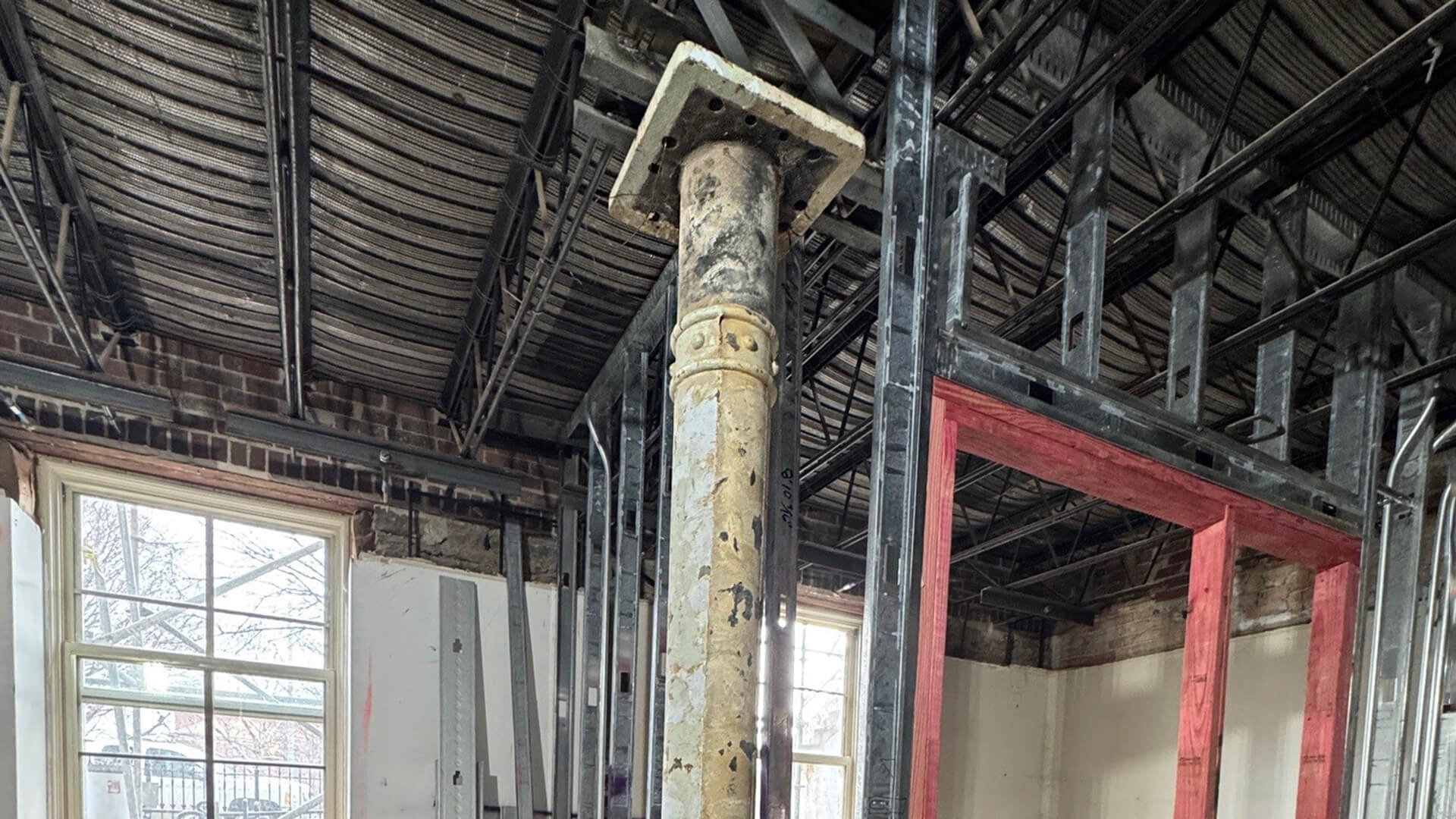 An original cast-iron column that is on display at University Hall