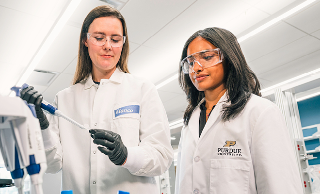 An Elanco scientist and a Purdue researcher work together in a laboratory, examining a sample with a pipette.