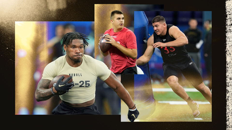 A photo illustration depicting Purdue NFL draft prospects Tyrone Tracy, Aidan O’Connell and George Karlaftis participating in drills at the NFL Scouting Combine