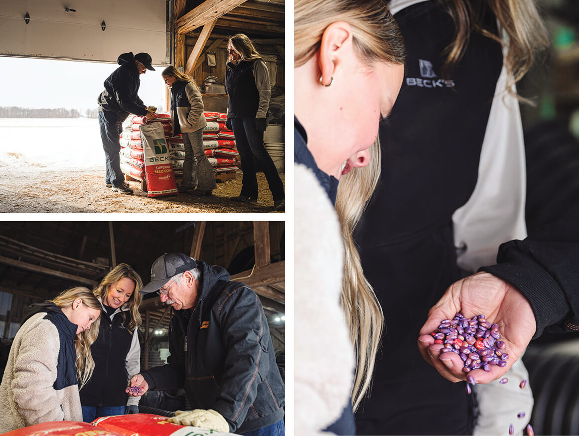 Bethany Gremel and family members examine Beck’s Hybrid’s corn seed on their Indiana farm 