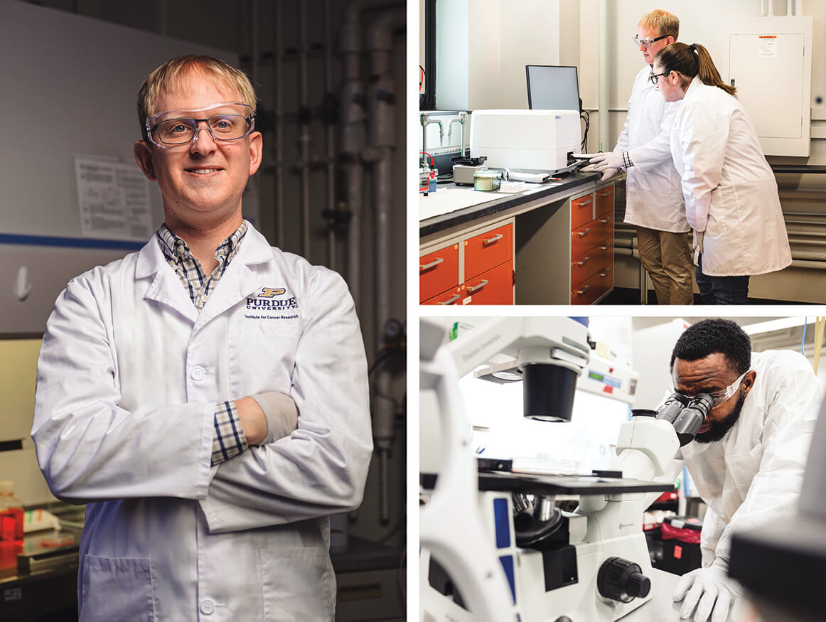 A three-image collage of Purdue professor Nathaniel Mabe. He poses with his arms crossed and wears a white lab coat and clear goggles and works with his colleagues in the lab.