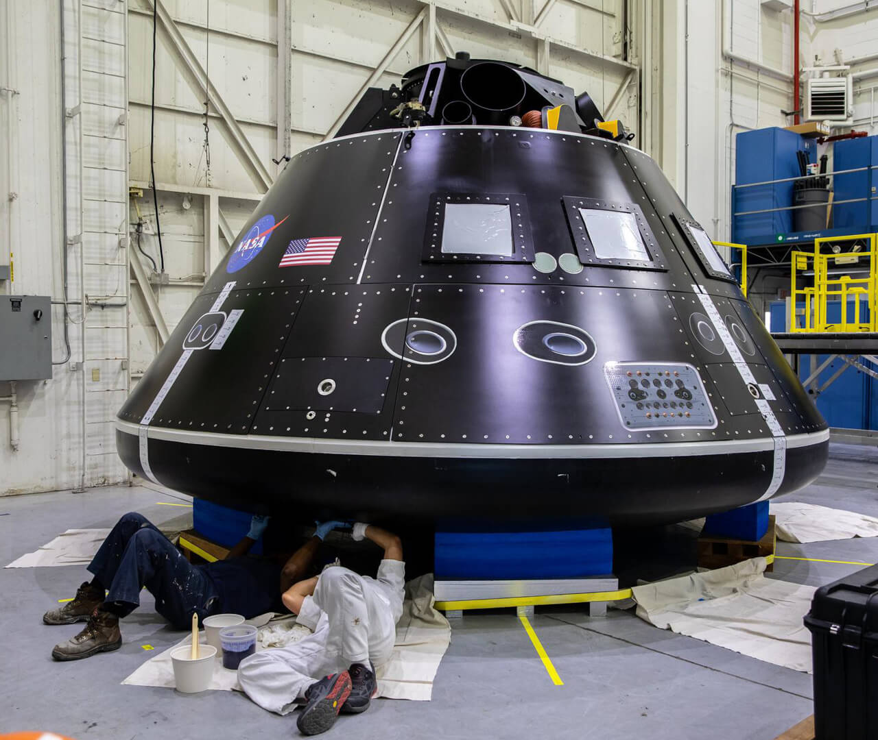 The Artemis Orion crew module test article sits at NASA’s Kennedy Space Center