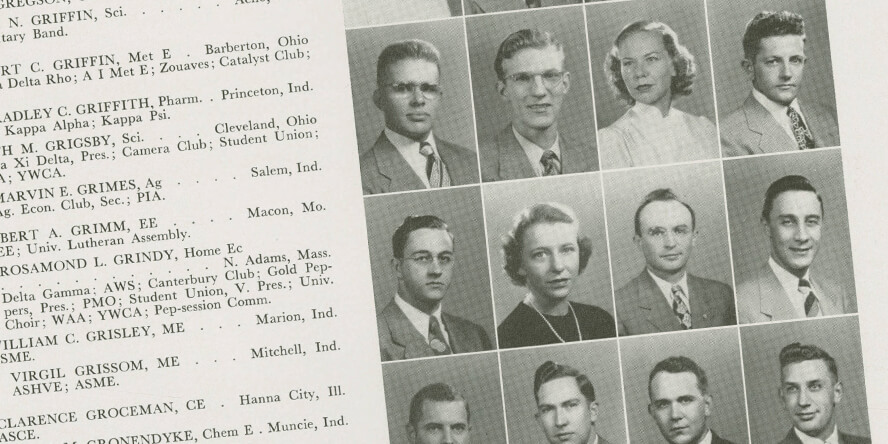 A composite photo from the 1950 Purdue Debris yearbook featuring Gus Grissom and other classmates
