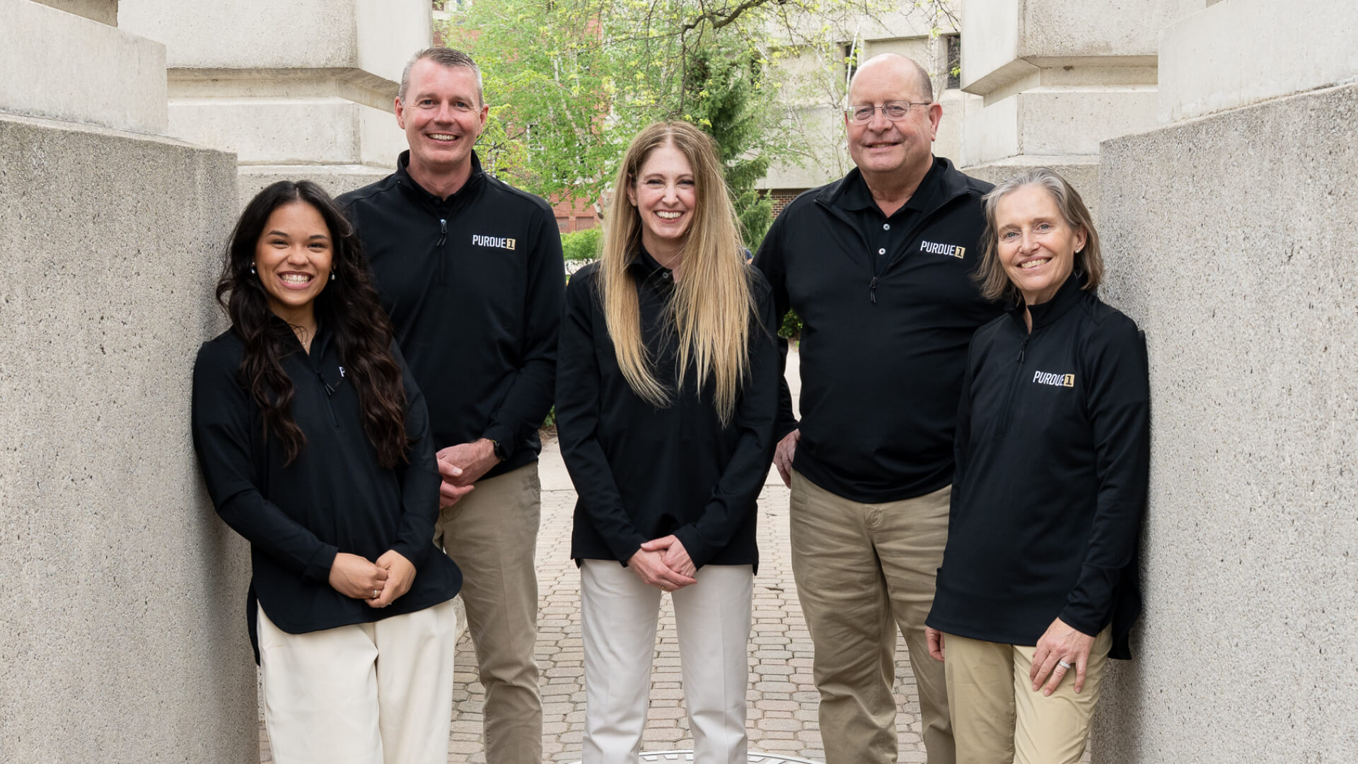 A portrait of the five members of the Purdue 1 crew: Abigail Mizzi, Jason Williamson, Beth Moses, Steven Collicott and Florence Stahura